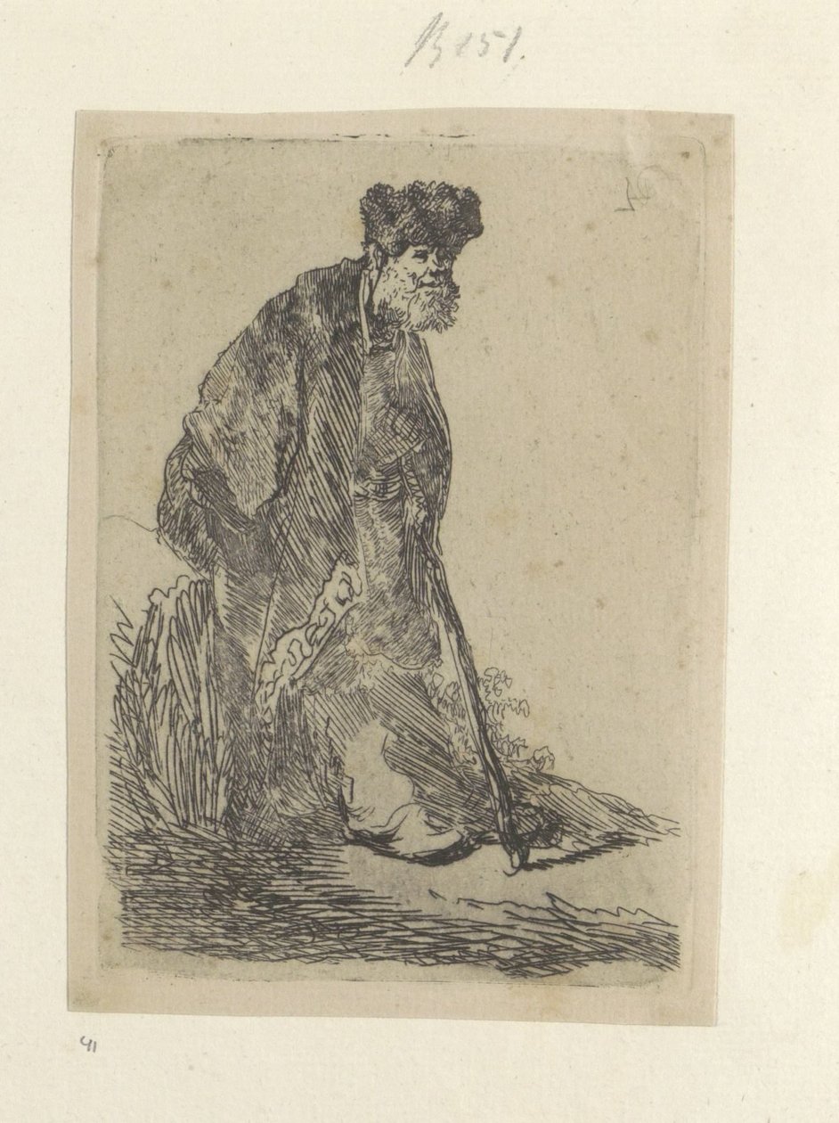 Staande man coloca een Lange mantel em Bontmuts Coleção de oitenta e cinco gravuras originais (título da série) de Rembrandt van Rijn