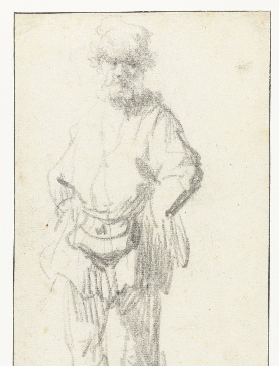 Homem em pé com uma bolsa de Rembrandt van Rijn