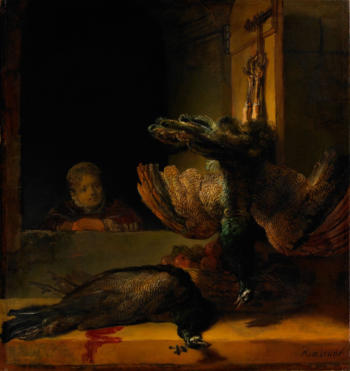 Ainda vida com dois pavões e uma menina, ca 1639 de Rembrandt van Rijn