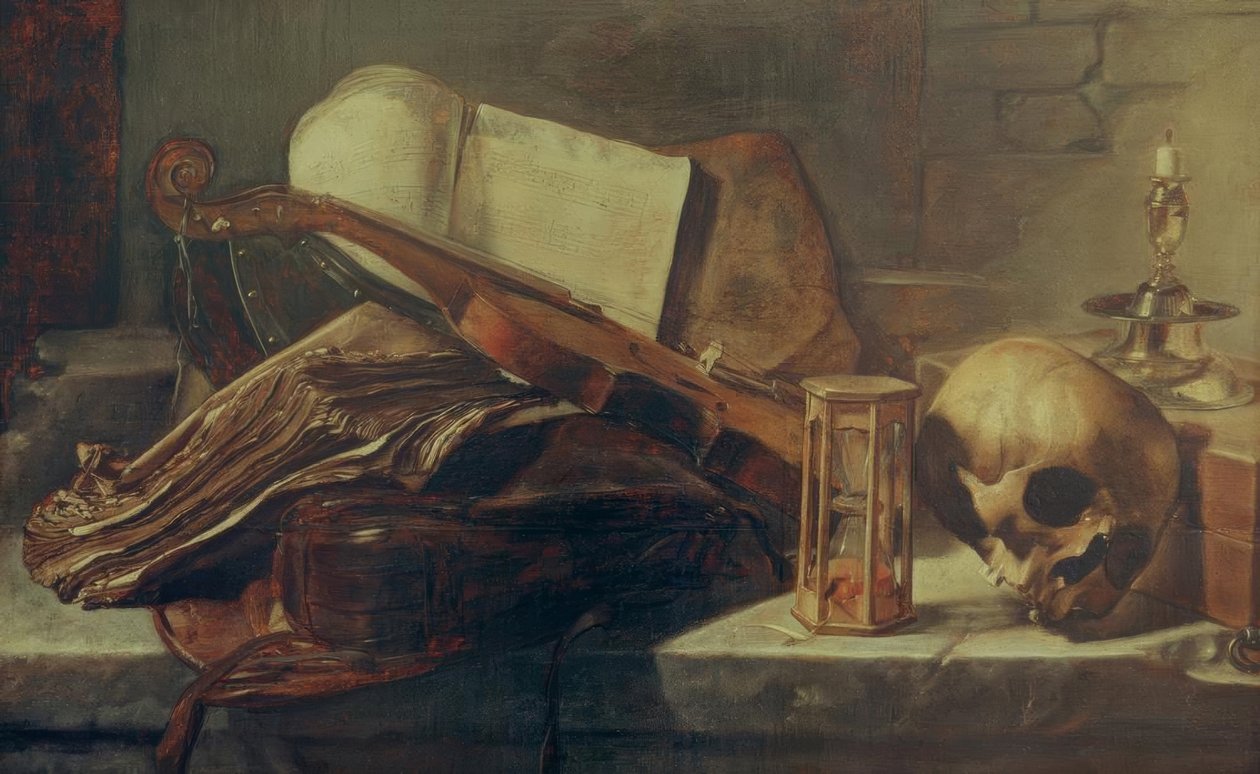Natureza morta com livros, violino, caveira e ampulheta de Rembrandt van Rijn