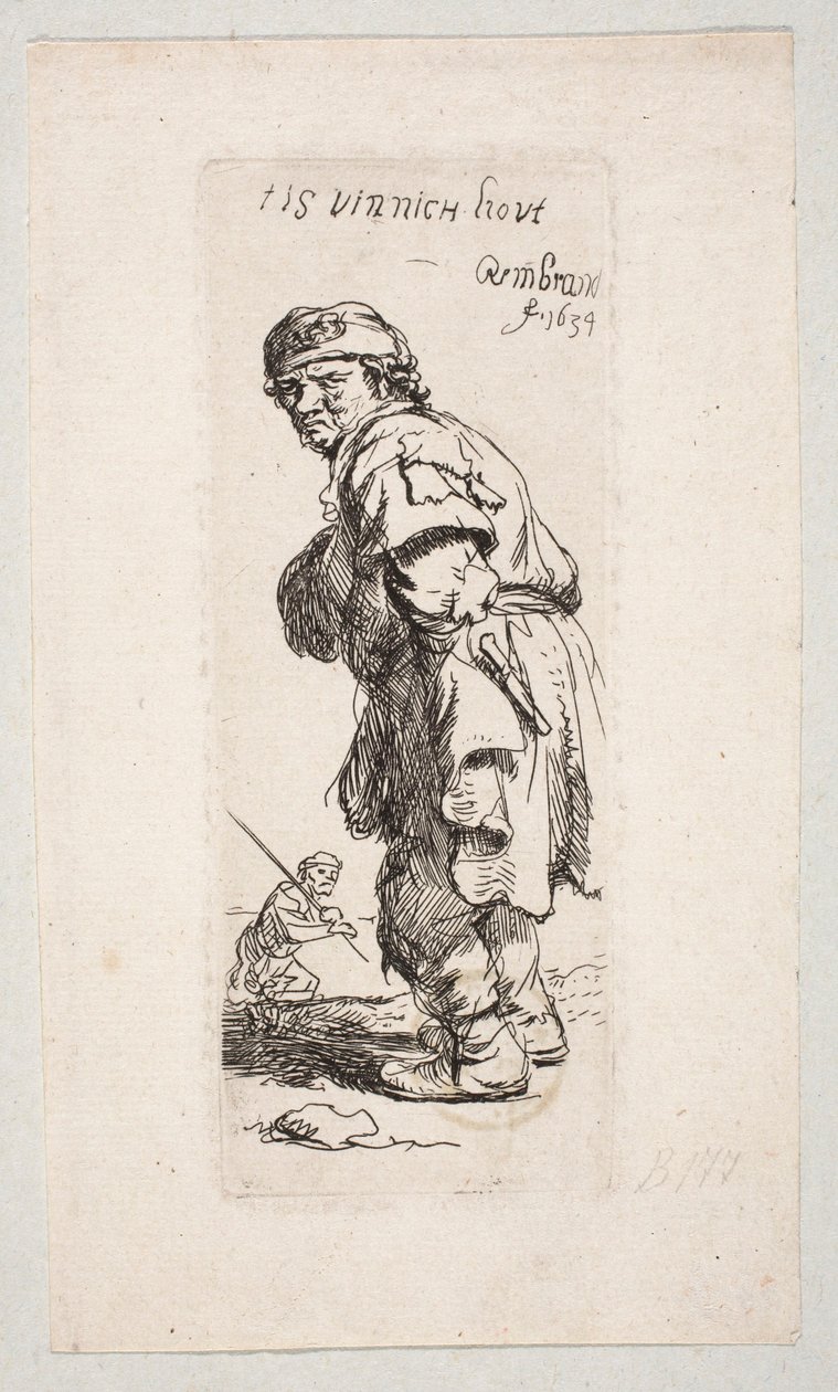 Camponês em pé, virado para a esquerda, e uma figura com um bastão ao fundo «Tis vinnich Kout» de Rembrandt van Rijn