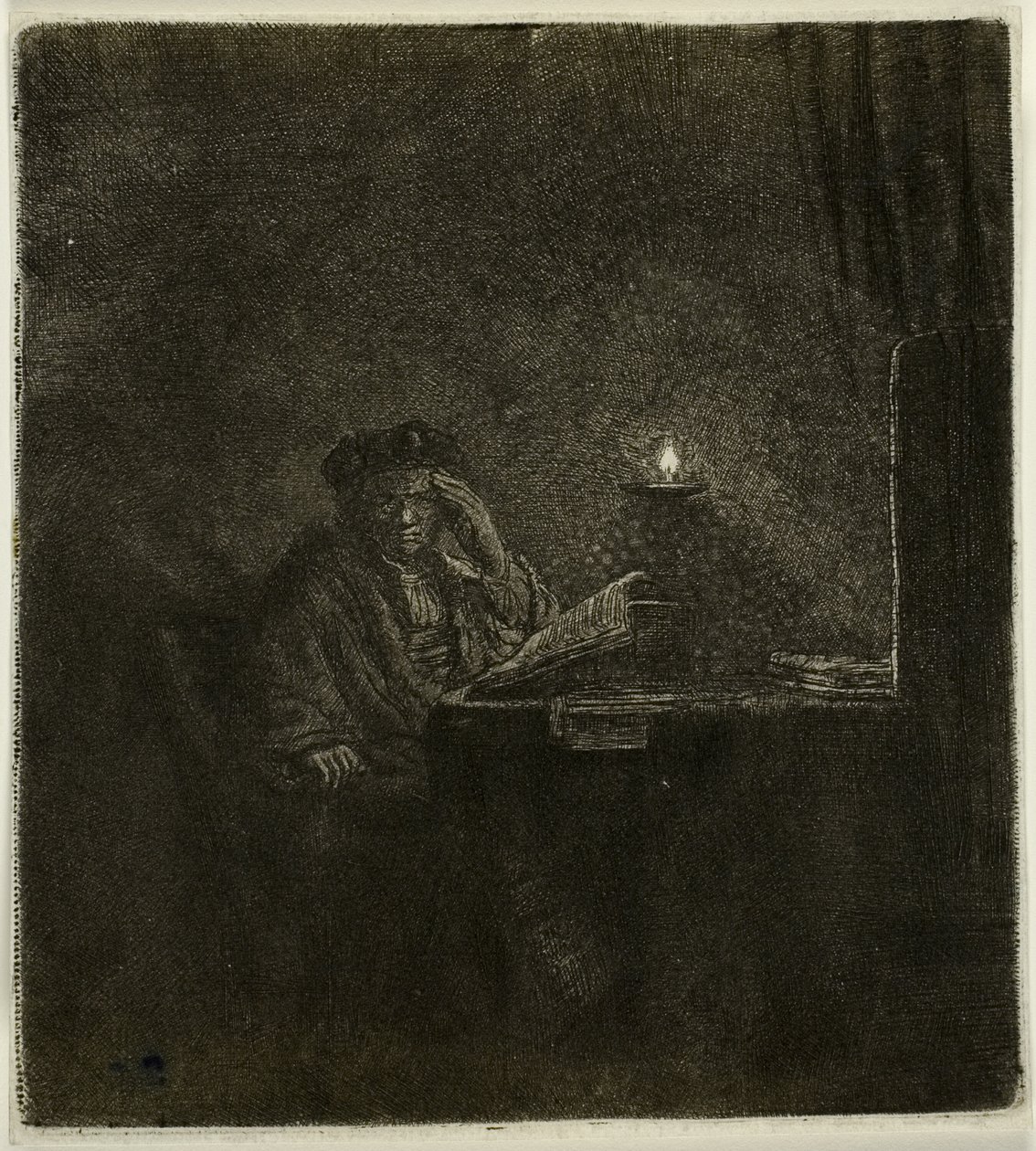 Estudante em uma mesa à luz de velas de Rembrandt van Rijn