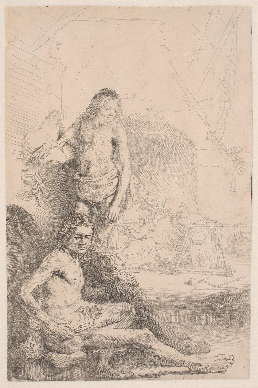 Estudos de nu: um homem sentado e outro de pé; com uma mulher e um bebé esboçados discretamente em segundo plano de Rembrandt van Rijn