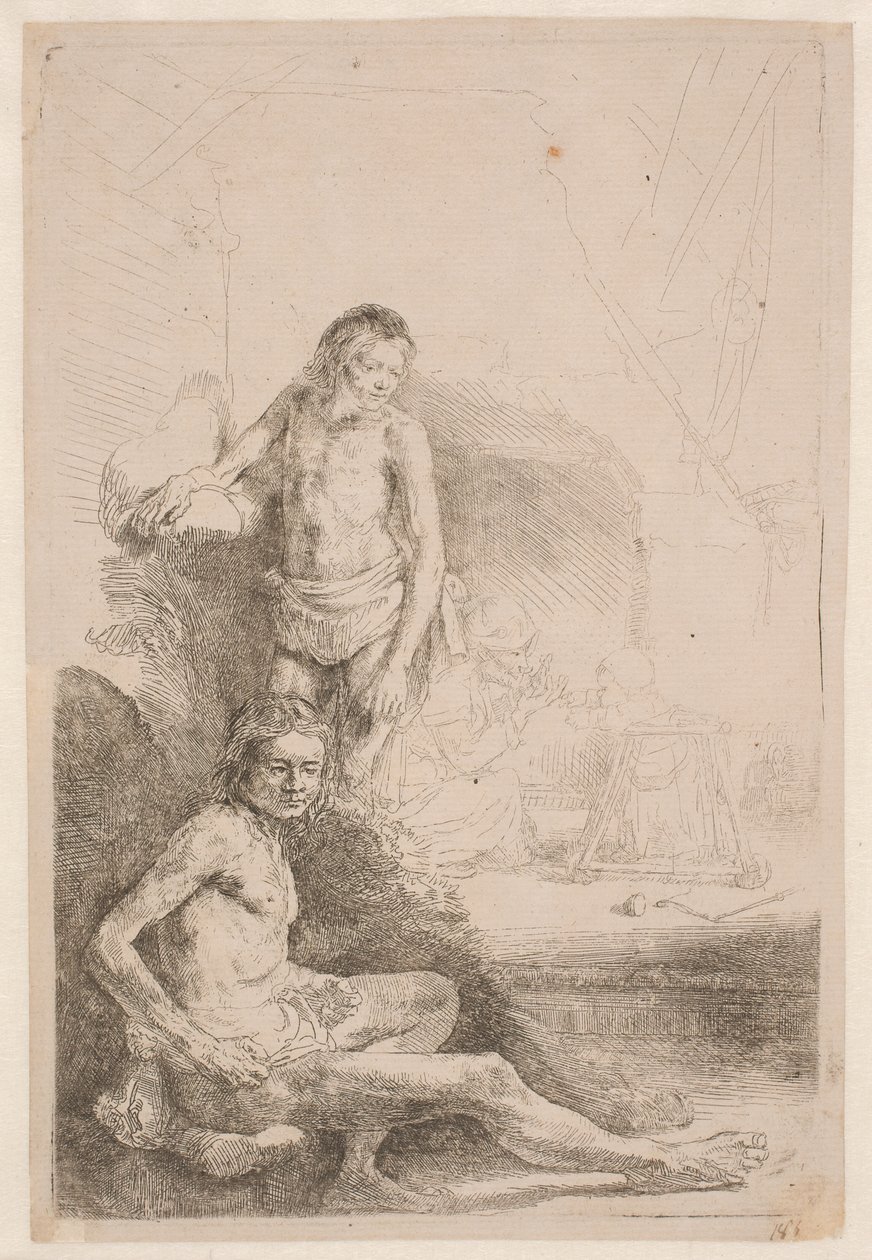 Estudos de nu: um homem sentado e outro de pé; com uma mulher e um bebé esboçados discretamente em segundo plano de Rembrandt van Rijn