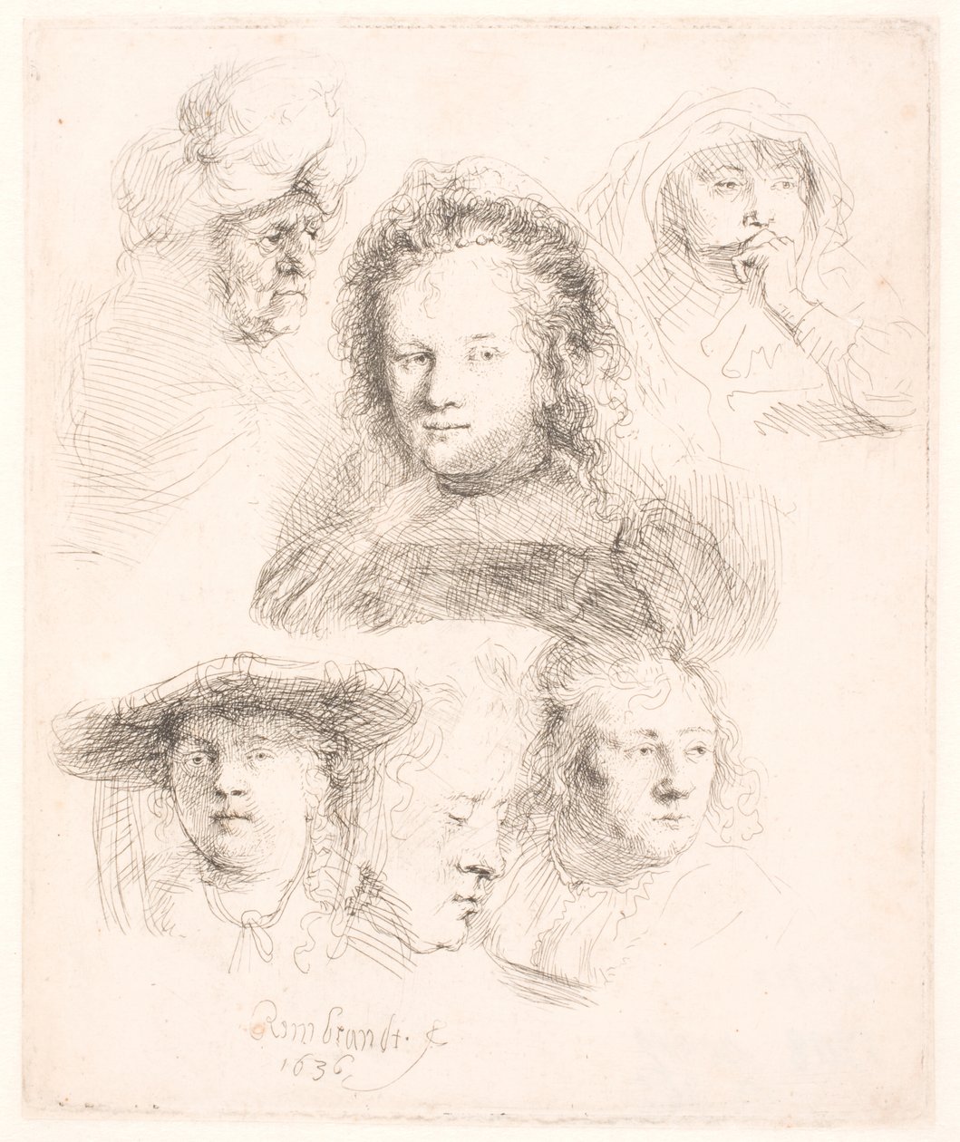 Estudos do chefe da Saskia e outros de Rembrandt van Rijn