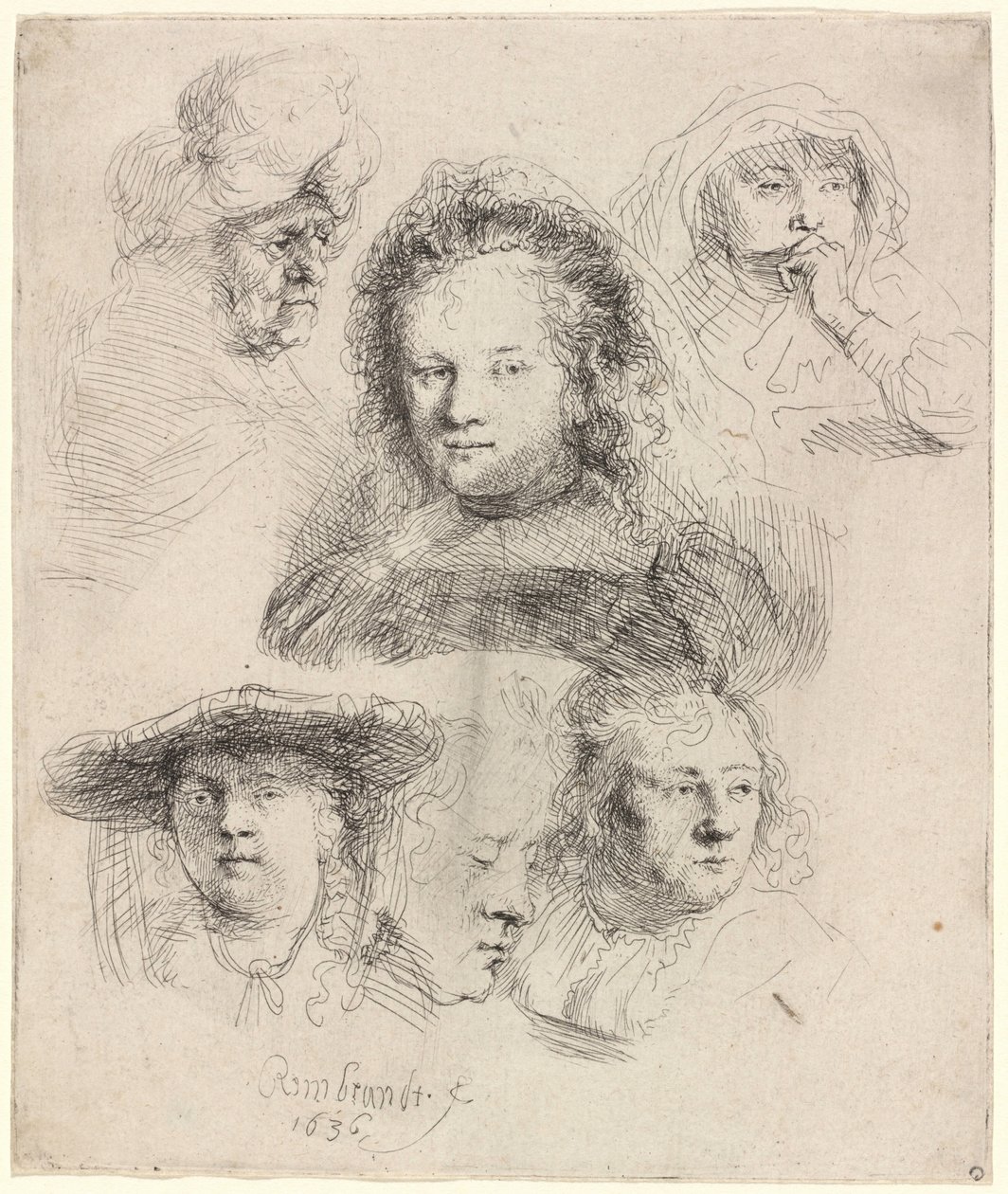 Estudos da cabeça de Saskia e outros de Rembrandt van Rijn