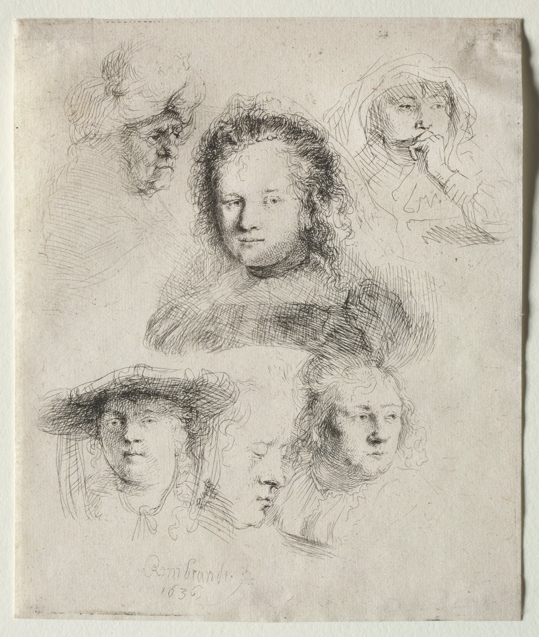 Estudos do Chefe de Saskia e outros, 1636. de Rembrandt van Rijn