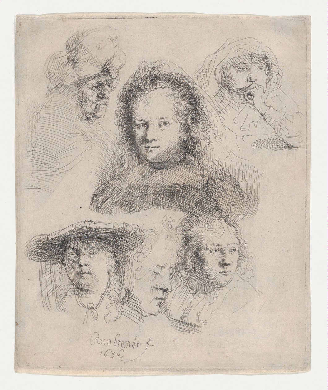 Estudos dos chefes de Saskia e outros, 1636., 1636. de Rembrandt van Rijn