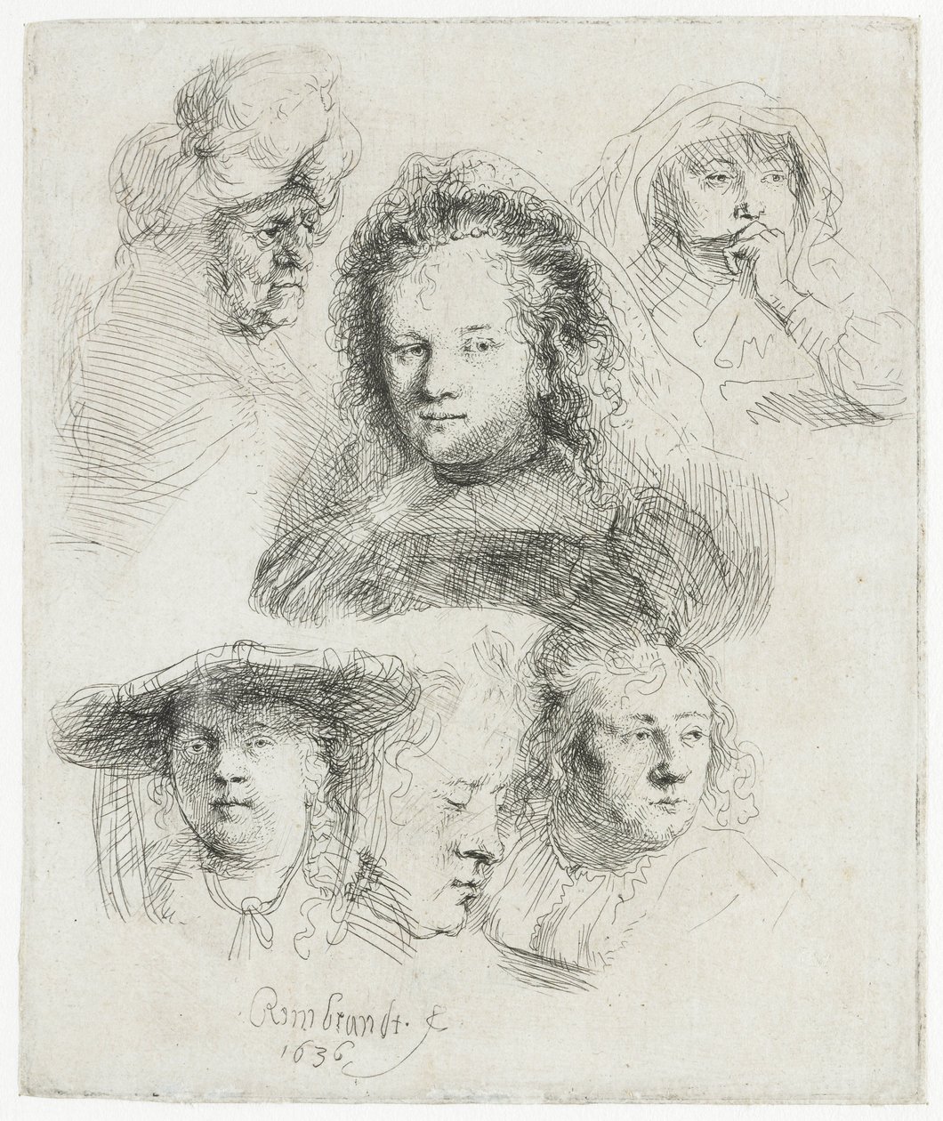 Estudos do chefe da Saskia e outros de Rembrandt van Rijn