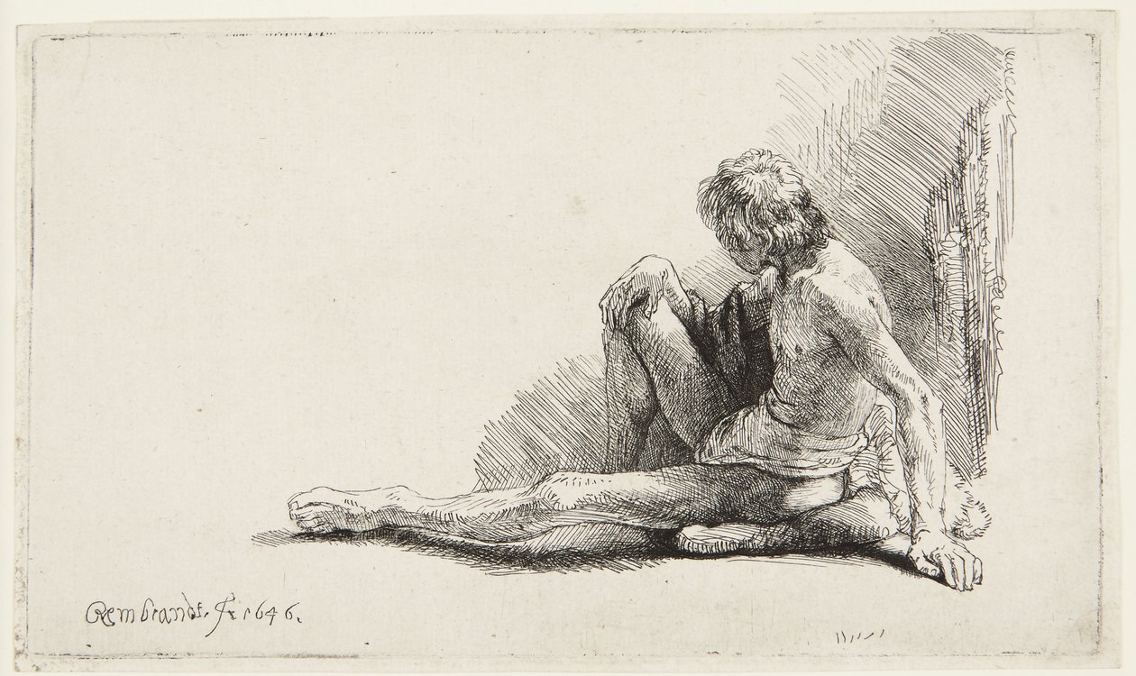 Estudo de nu (Homem sentado no chão) (Bartsch 196, segunda de duas versões; H. 221; Muntz 137 II) de Rembrandt van Rijn