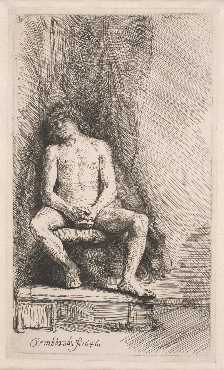 Estudo de nu: homem sentado diante de uma cortina de Rembrandt van Rijn