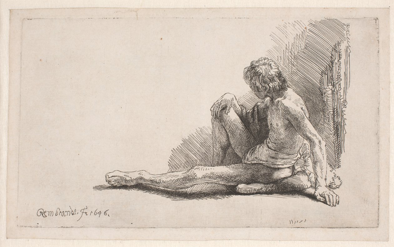 Estudo de nu: homem sentado no chão com uma perna estendida de Rembrandt van Rijn