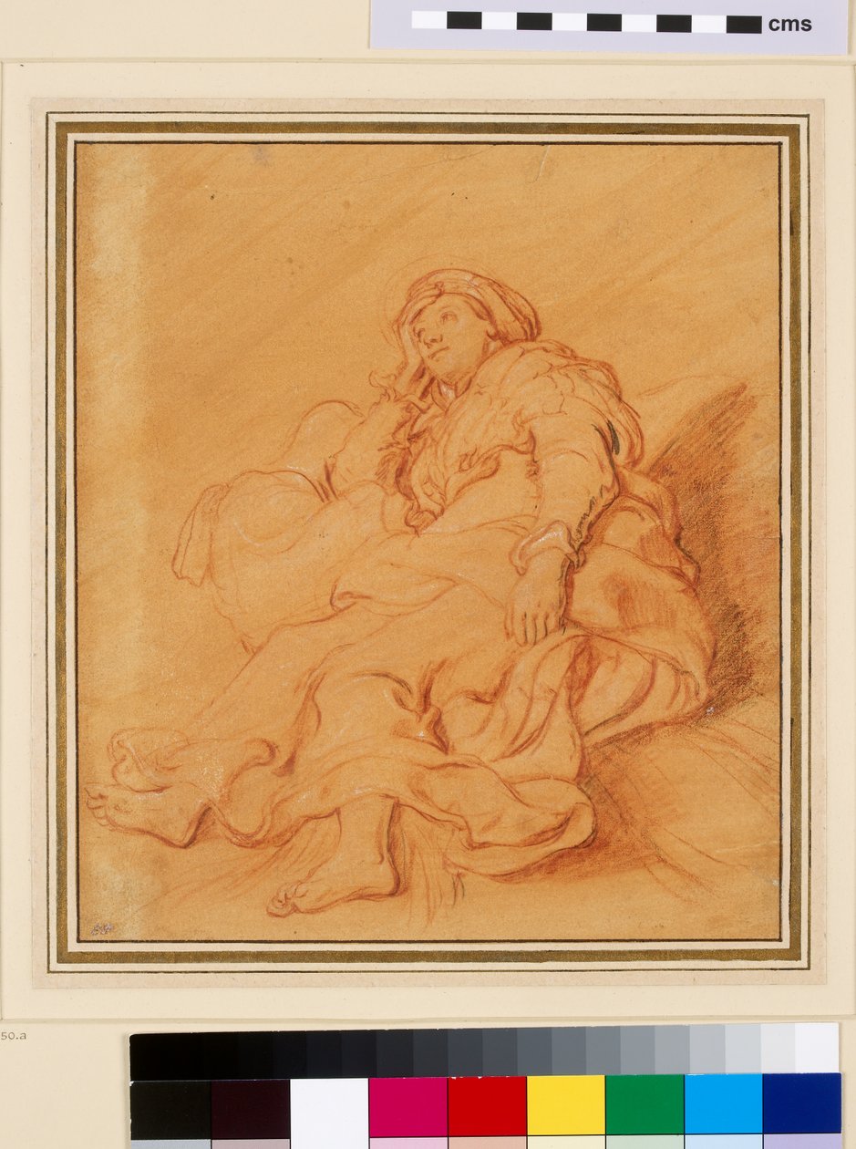 Estudo da Figura de Raquel, c.1621 (giz vermelho com giz preto e branco sobre papel preparado com laranja) de Rembrandt van Rijn