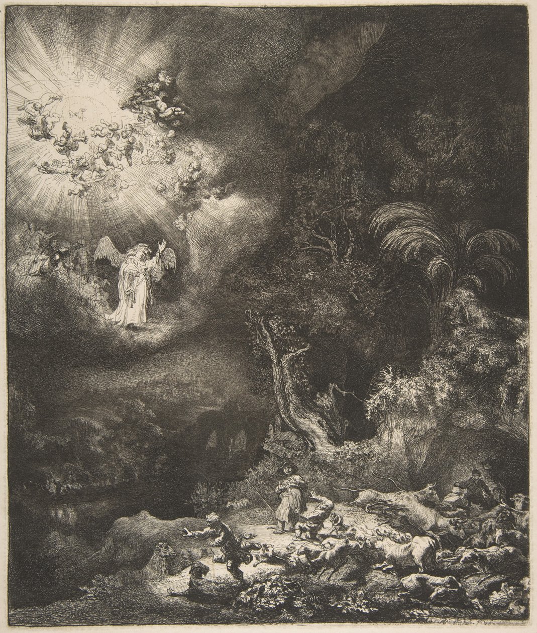 O Anjo Aparecendo aos Pastores, 1634. de Rembrandt van Rijn