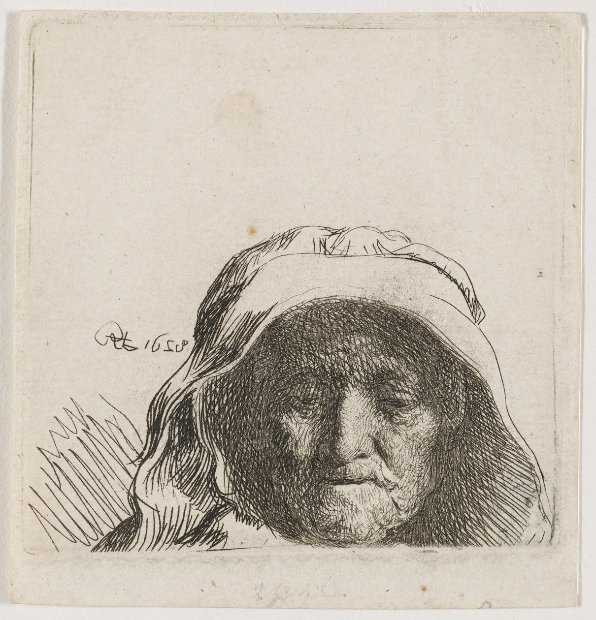 A mãe do artista: apenas a cabeça, de frente de Rembrandt van Rijn