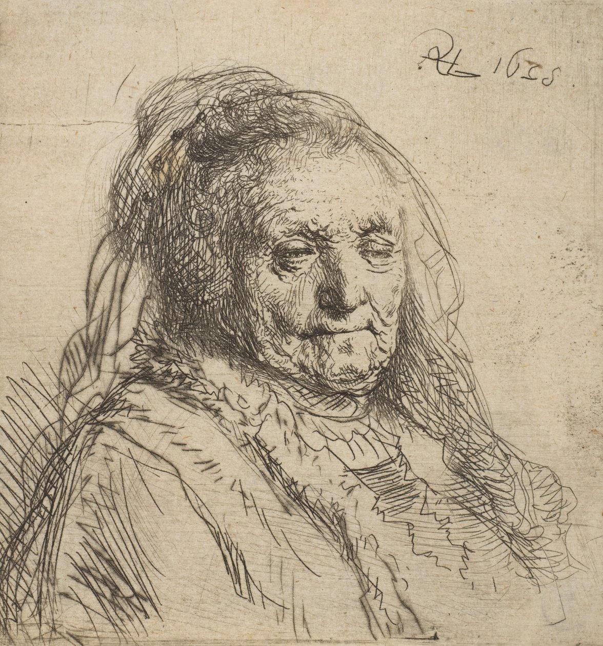 A mãe do artista: cabeça e busto, três quartos à direita, 1628., 1628. de Rembrandt van Rijn