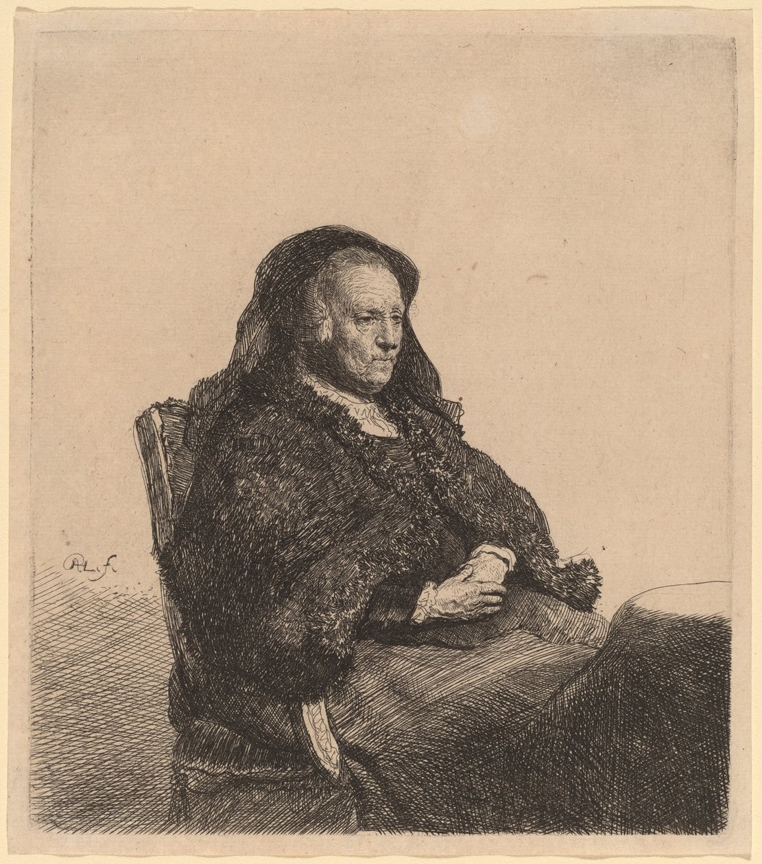 A mãe do artista sentada em uma mesa, olhando para a direita de Rembrandt van Rijn