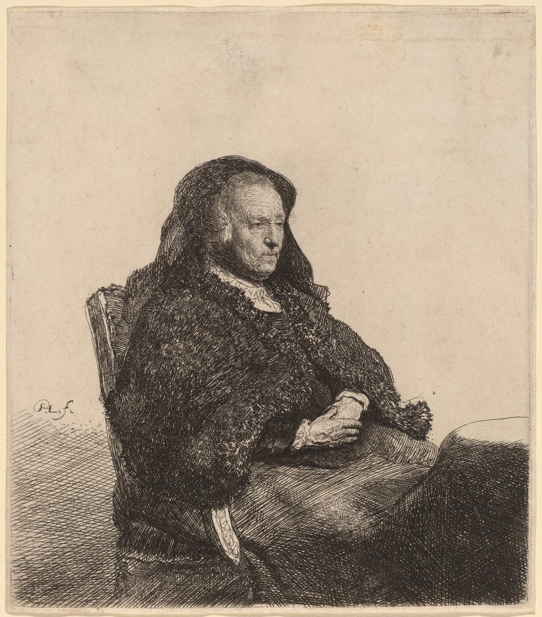 A mãe do artista sentada em uma mesa, olhando para a direita de Rembrandt van Rijn