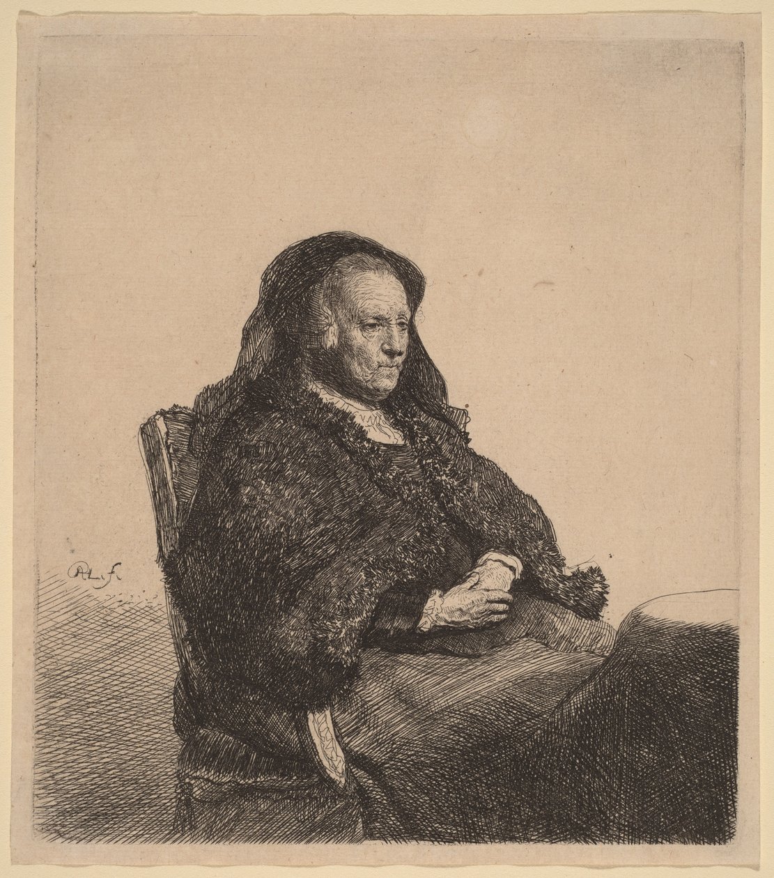 A mãe do artista, sentada à mesa, a olhar para a direita de Rembrandt van Rijn