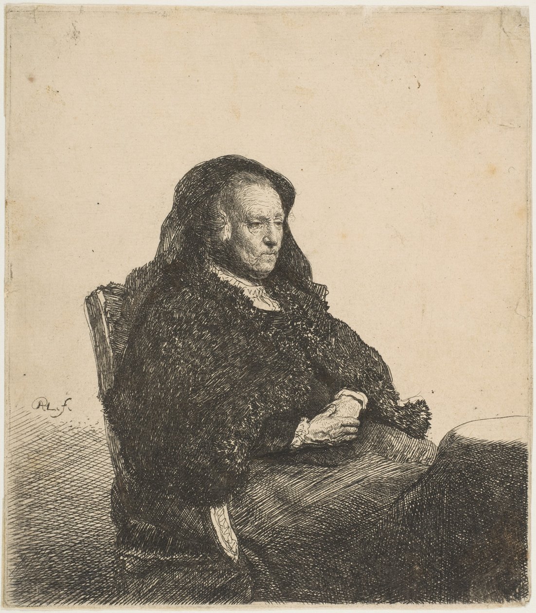 A Mãe dos Artistas Sentada à Mesa Olhando à Direita: Comprimento de Três Quartos, ca. 1631 de Rembrandt van Rijn