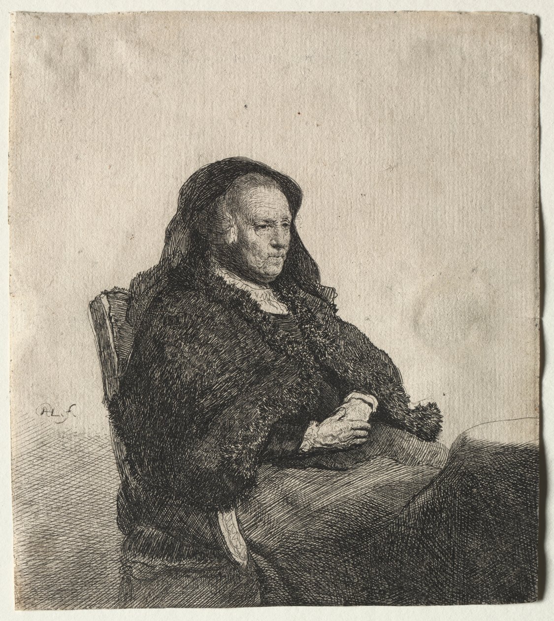 A mãe do artista sentada em uma mesa, olhando para a direita: três quartos de Rembrandt van Rijn