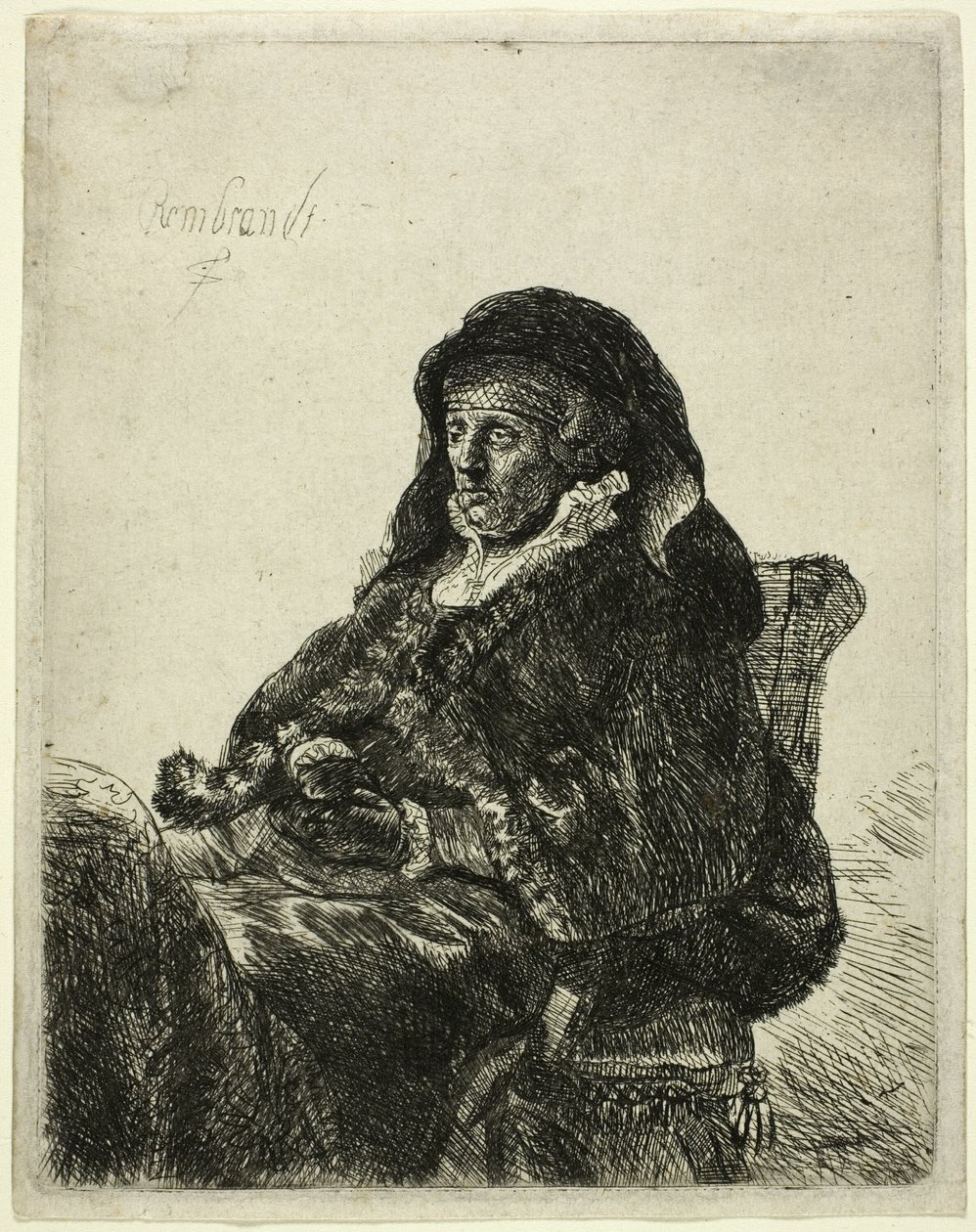 A mãe do artista sentada à mesa, olhando para a direita: Três quartos de comprimento de Rembrandt van Rijn