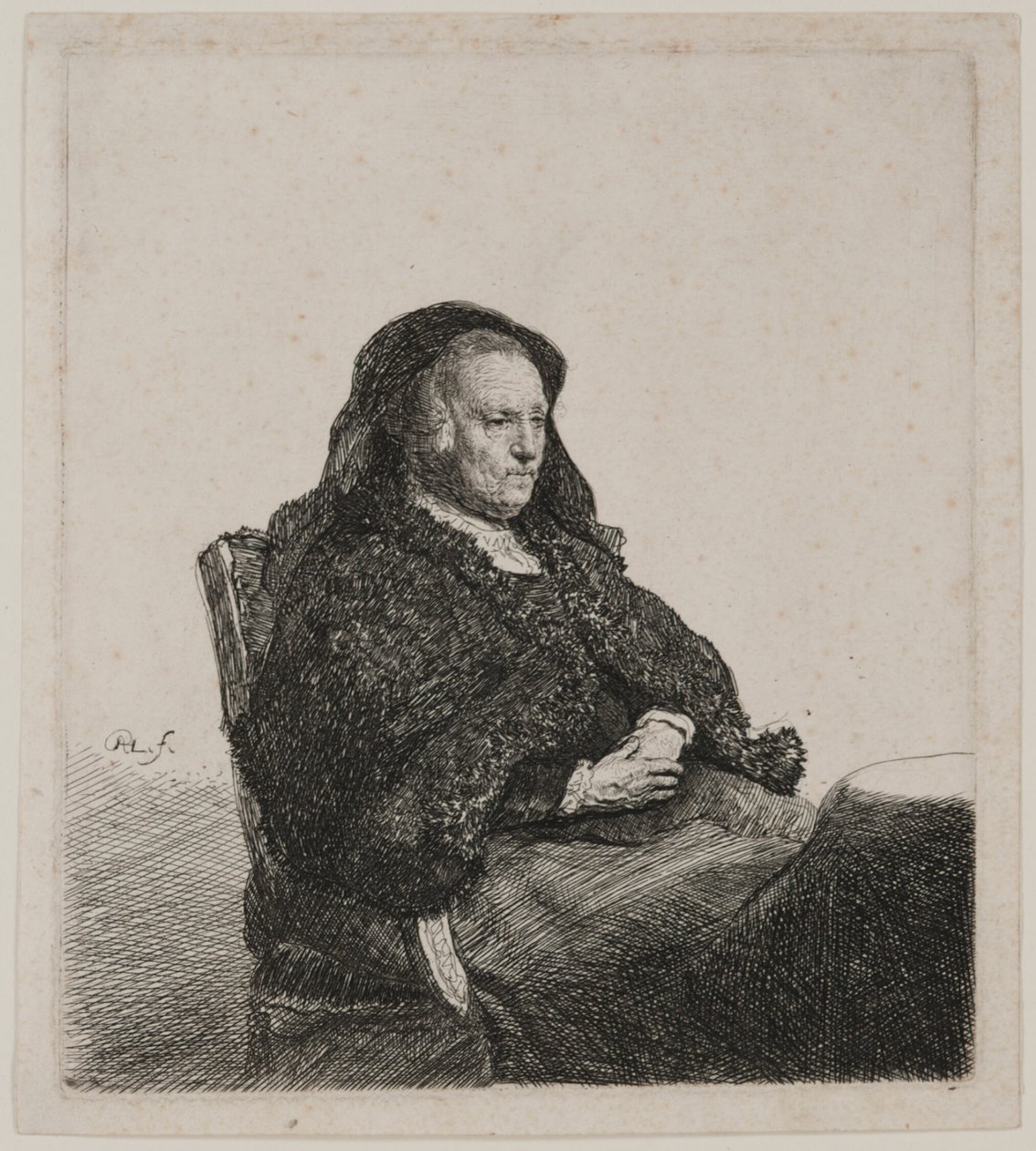 A mãe do artista sentada à mesa, olhando para a direita: Três quartos de comprimento de Rembrandt van Rijn