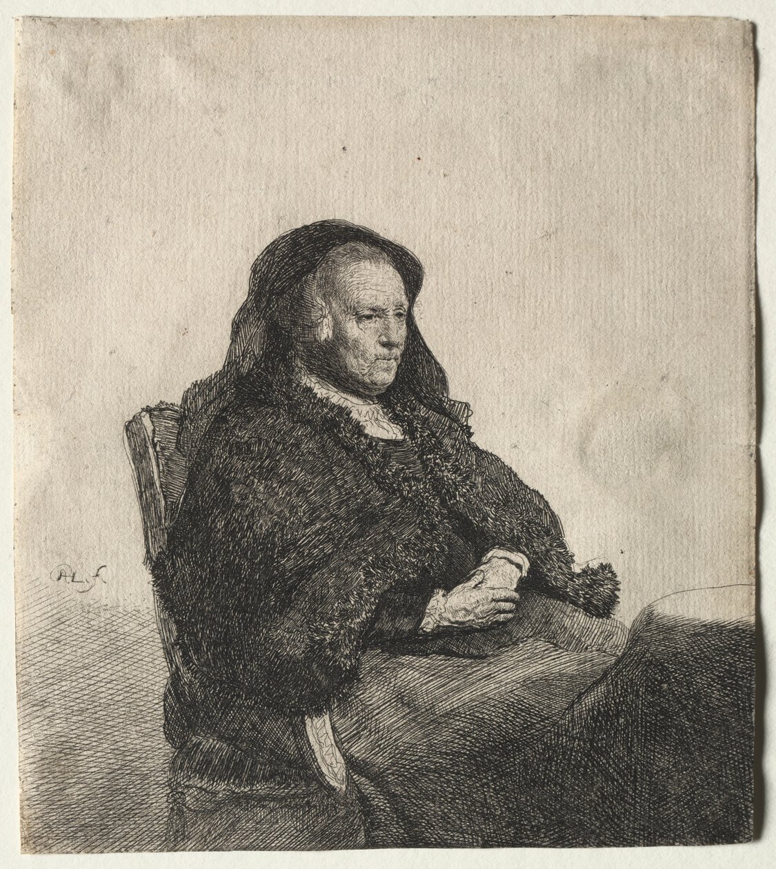 A Mãe dos Artistas Sentada à Mesa, Olhando à Direita: Três Quartos de Comprimento, c. 1631 de Rembrandt van Rijn