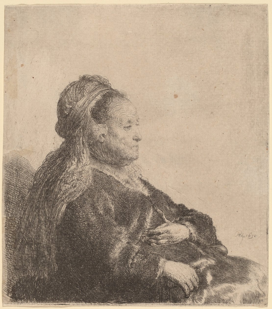 A mãe do artista sentada, com um cocar oriental de Rembrandt van Rijn