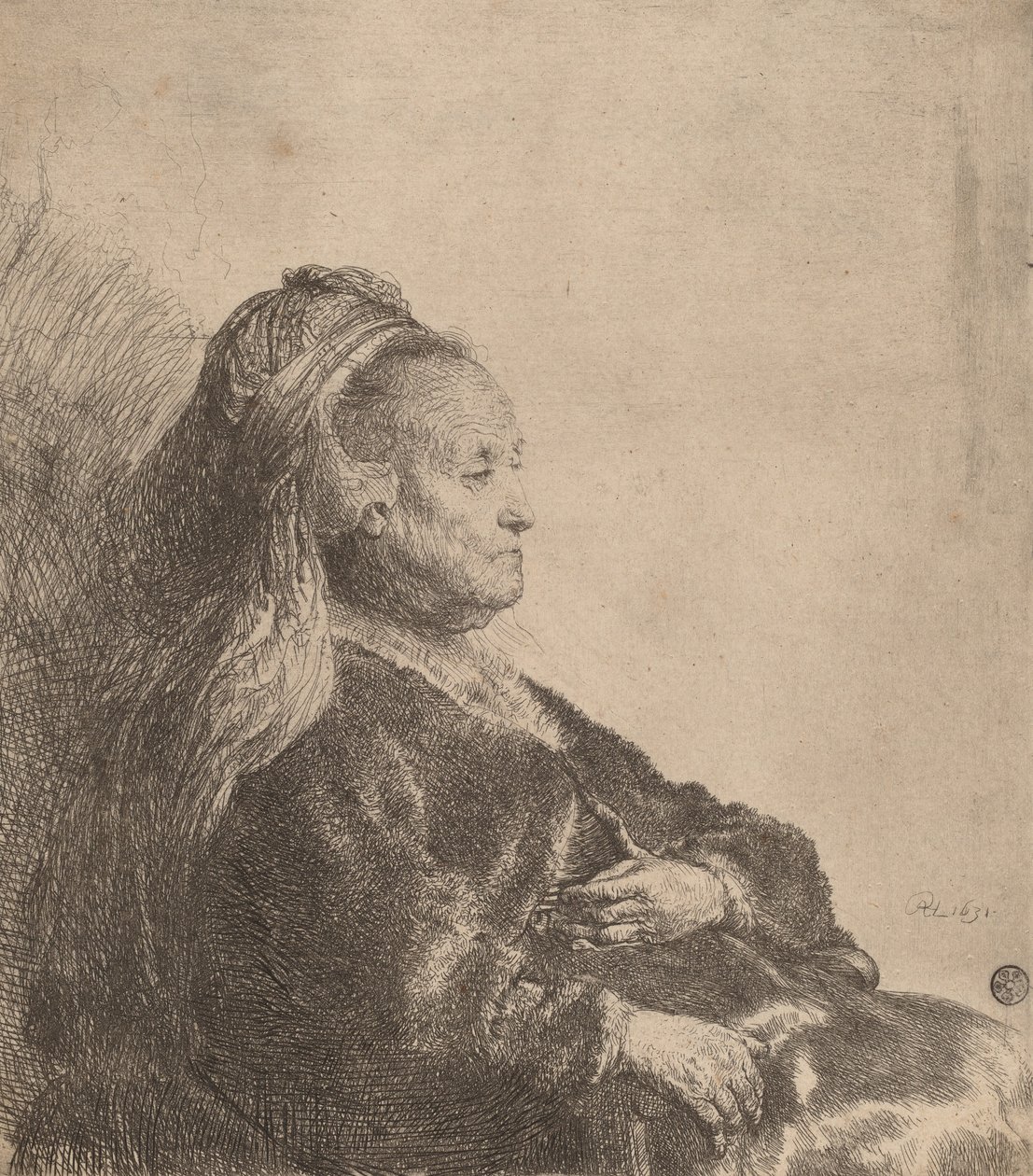 A mãe do artista sentada, em um cocar oriental, 1631. de Rembrandt van Rijn