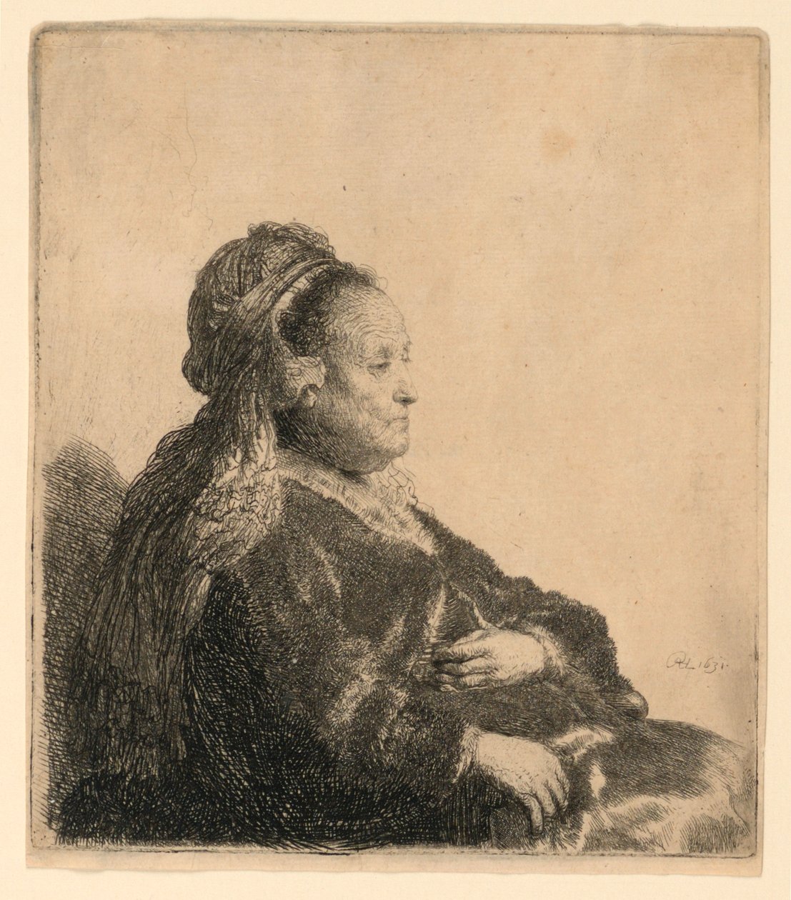 A mãe do artista sentada, com um cocar oriental: meio comprimento de Rembrandt van Rijn