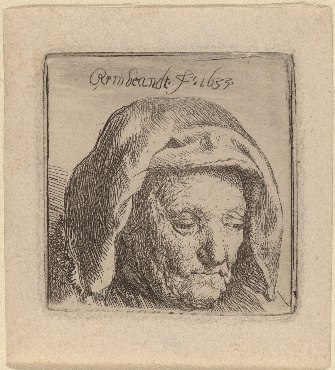 A mãe do artista em um cocar de pano, olhando para baixo de Rembrandt van Rijn