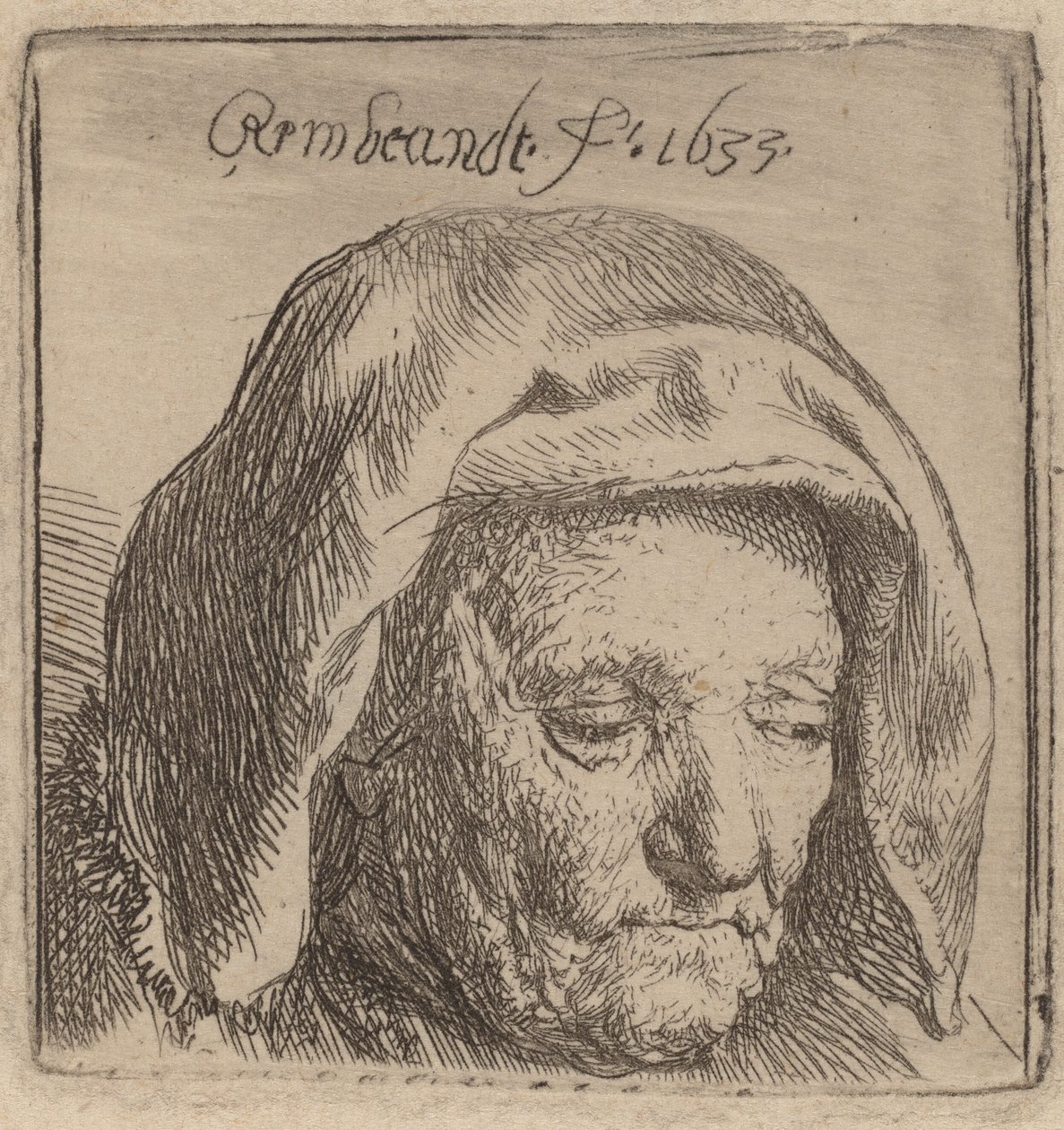 A mãe do artista em um cocar de pano, olhando para baixo, 1633. de Rembrandt van Rijn