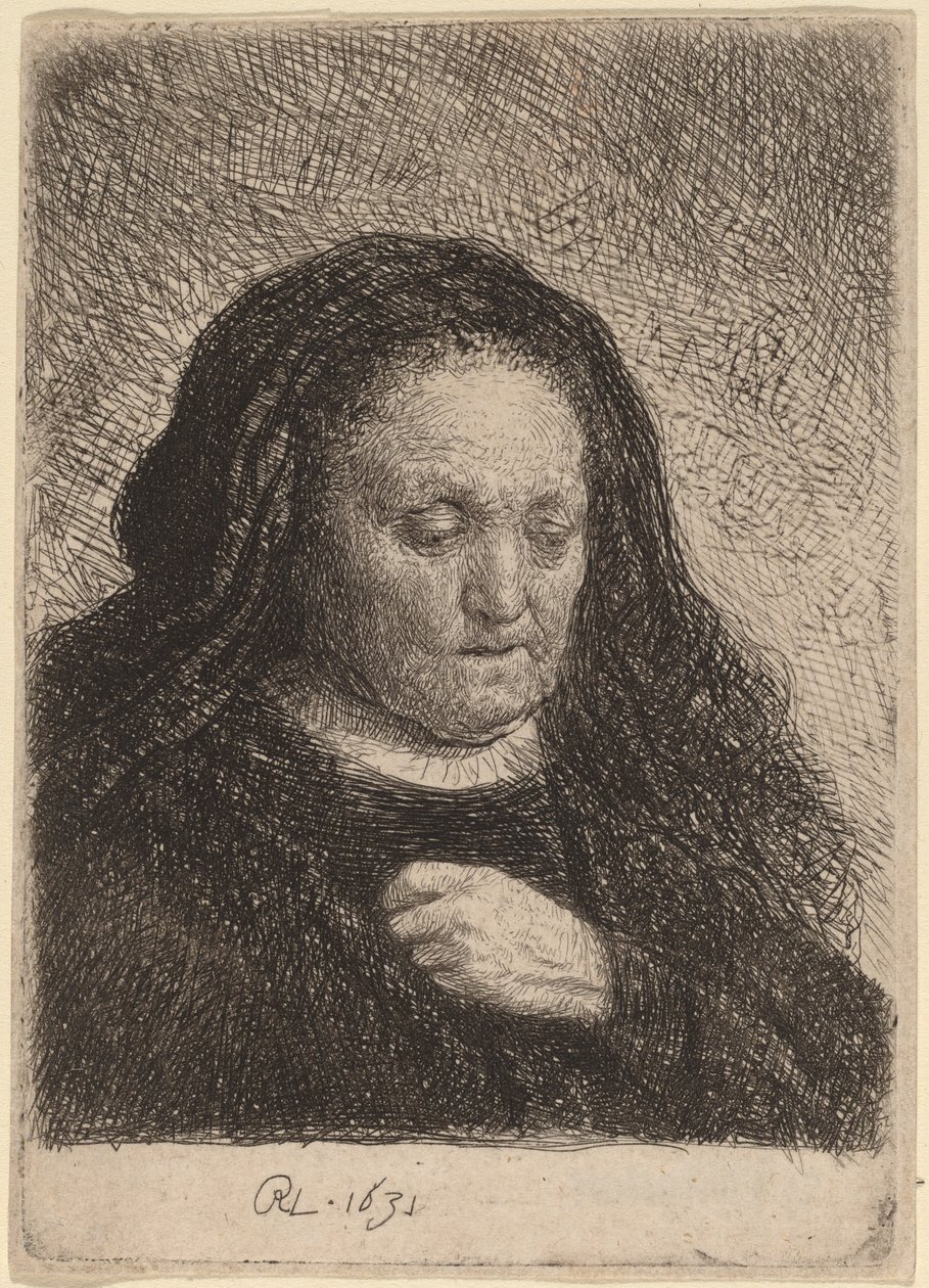 A mãe do artista com a mão no peito de Rembrandt van Rijn