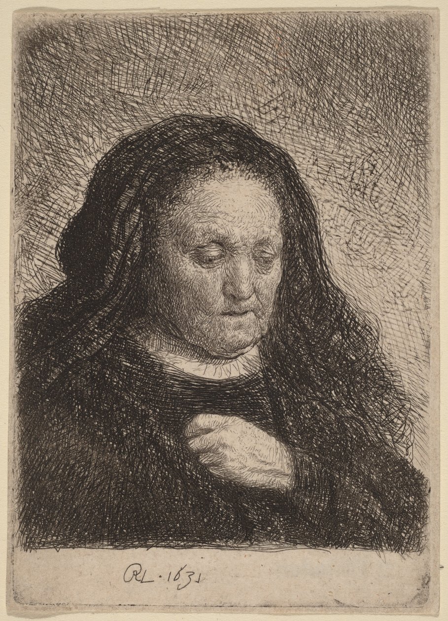 A mãe do artista com a mão no peito de Rembrandt van Rijn