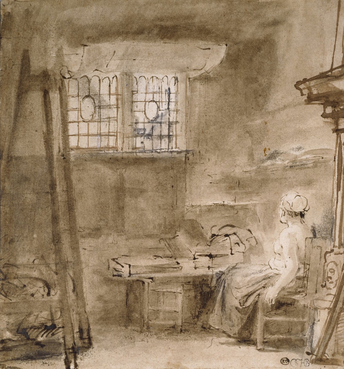 The Artist&39;s Studio, 1659 (caneta e dois tons de tinta marrom, cinza-marrom, algumas correções em branco) de Rembrandt van Rijn