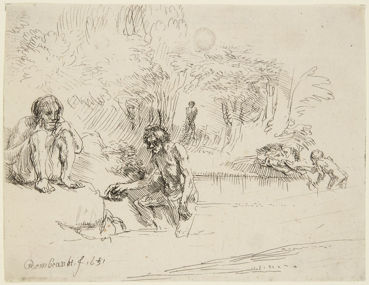 As Banhistas (Bartsch 195; Hind 250 II) de Rembrandt van Rijn