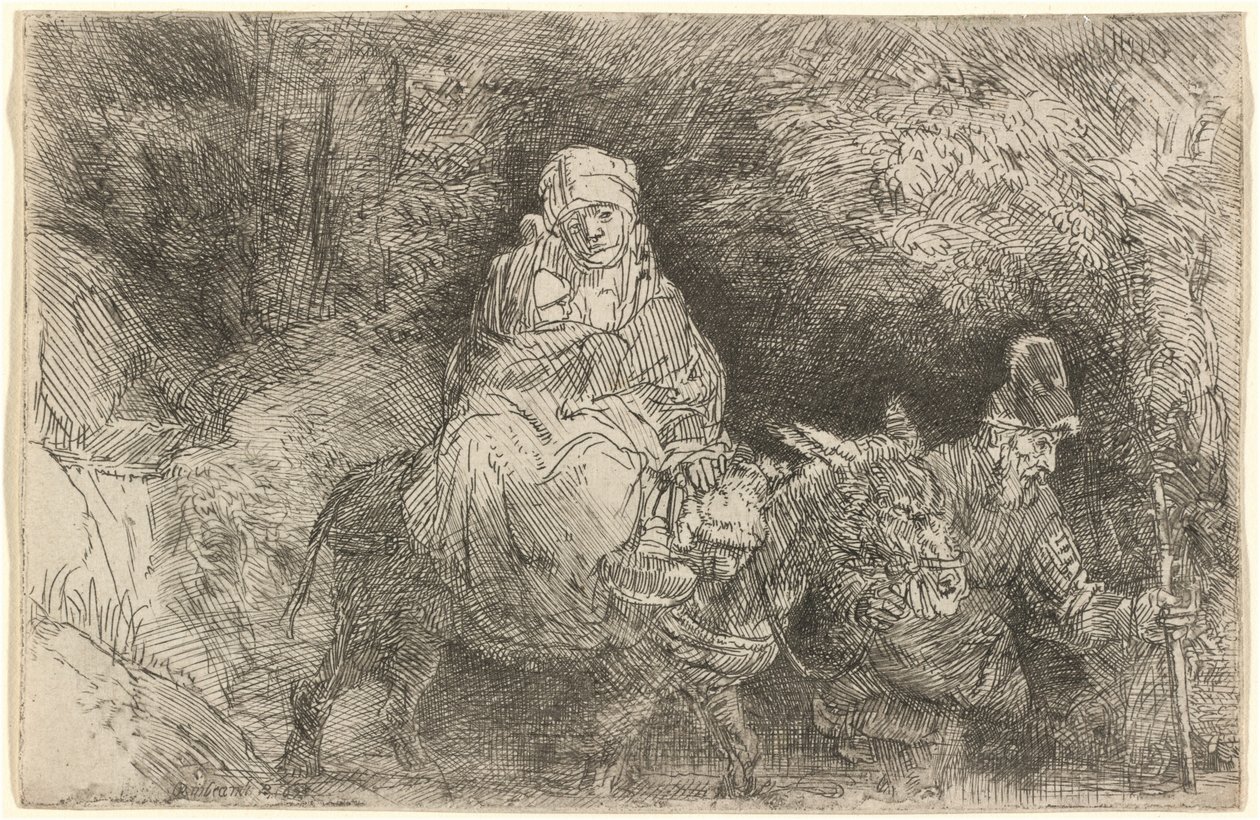 A Fuga para o Egito: Atravessando um riacho de Rembrandt van Rijn
