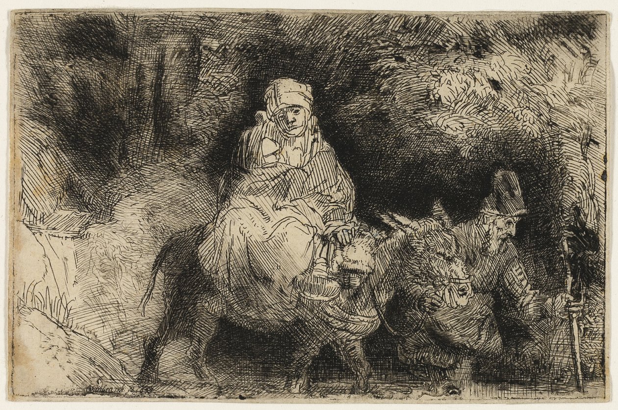 A Fuga para o Egito: Atravessando um riacho de Rembrandt van Rijn