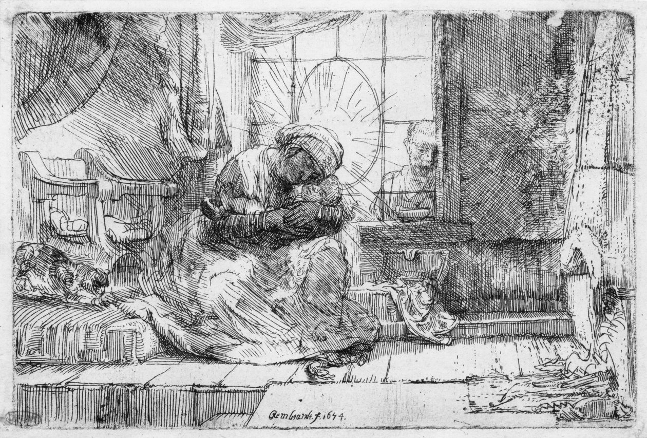 A Sagrada Família com um gato, 1654 de Rembrandt van Rijn