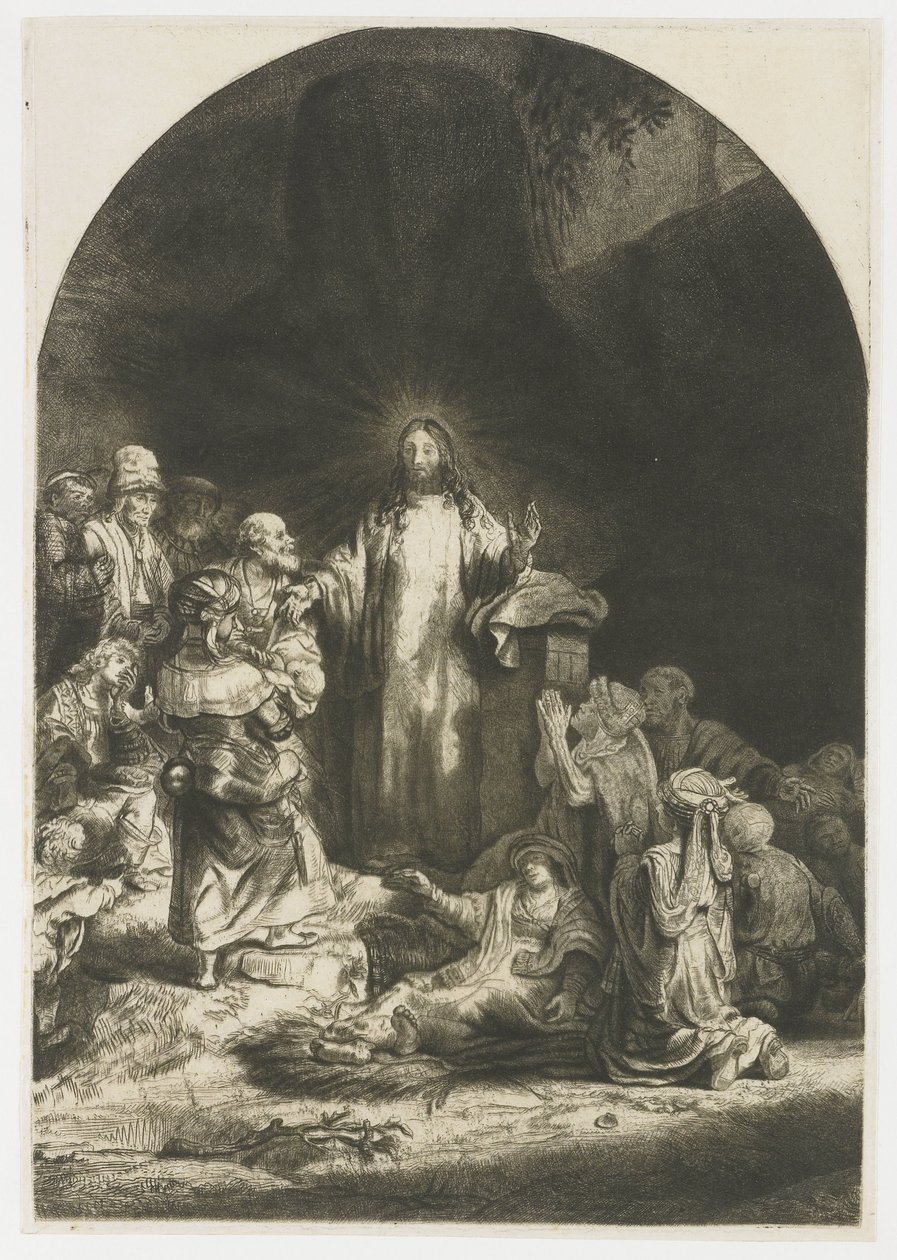 A Estampa dos Cem Florins: peça central com pregação de Cristo, placa arqueada de Rembrandt van Rijn