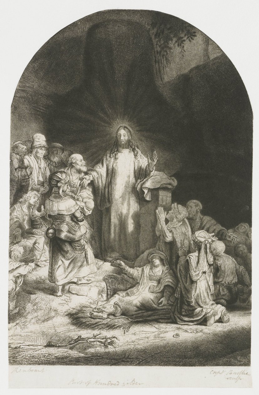 A Gravura dos Cem Gulden: a peça central com Cristo a pregar, a placa em arco de Rembrandt van Rijn