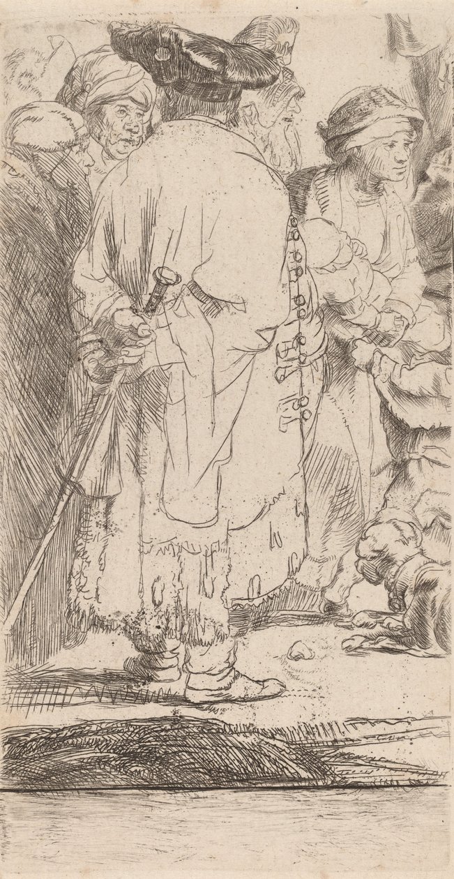 O homem com um fragmento de cana da gravura de cem florins, c. 1649. de Rembrandt van Rijn