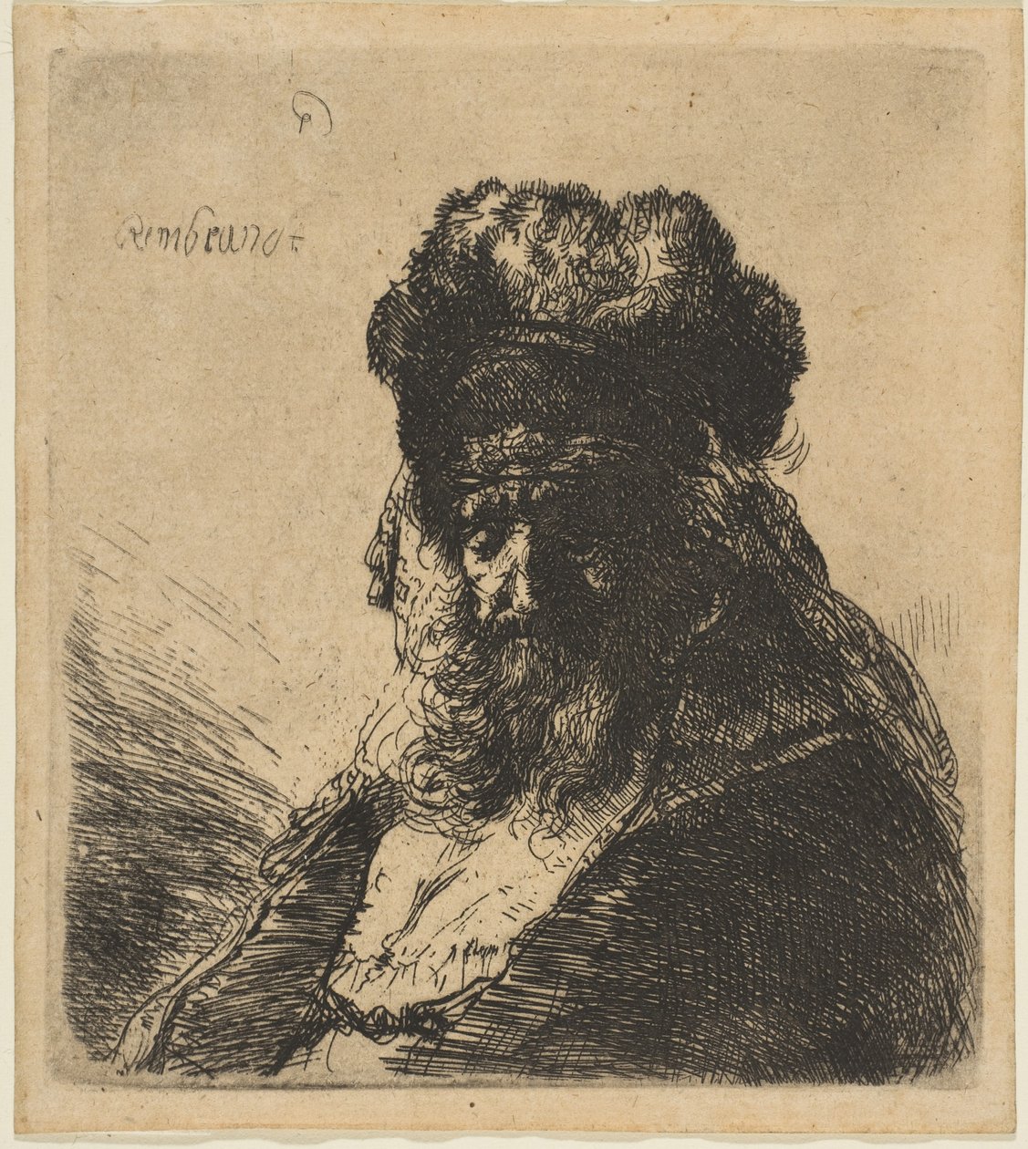 O velho barbudo em um gorro de pele alta, com os olhos fechados, c. 1635. de Rembrandt van Rijn