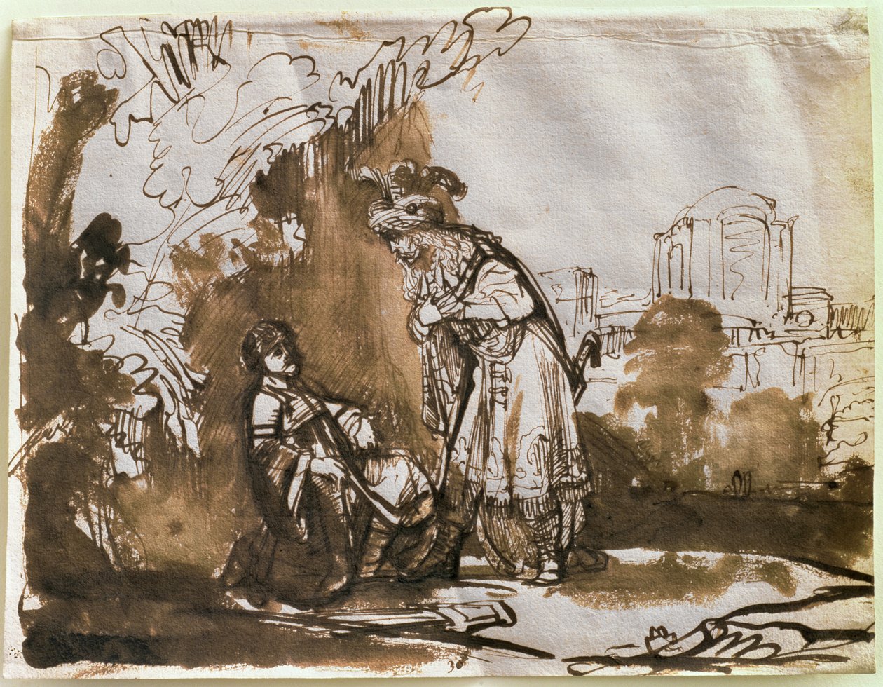 A despedida de Davi e Jônatas (caneta e lavar no papel) de Rembrandt van Rijn