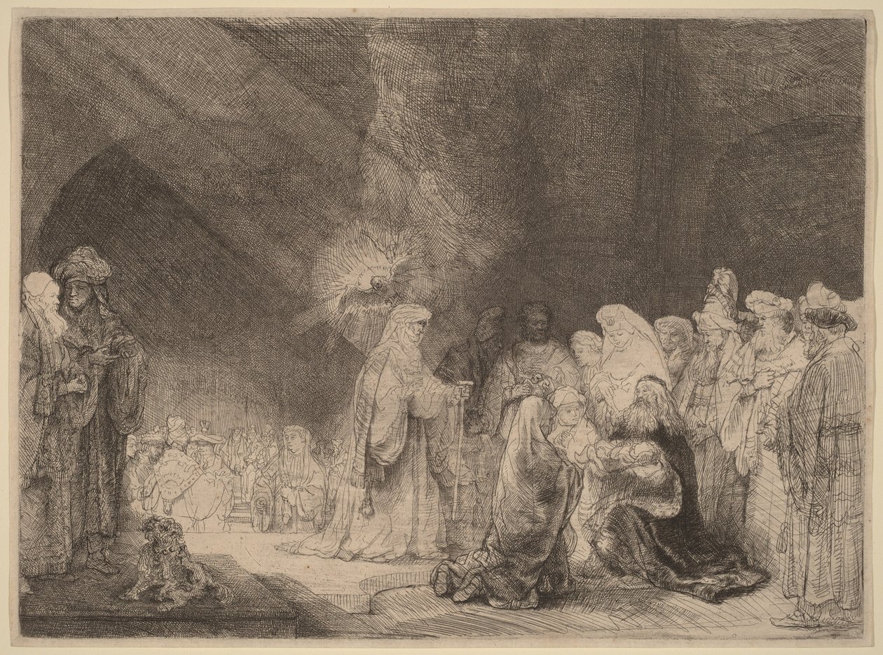 A Apresentação no Templo: Gravura retangular de Rembrandt van Rijn