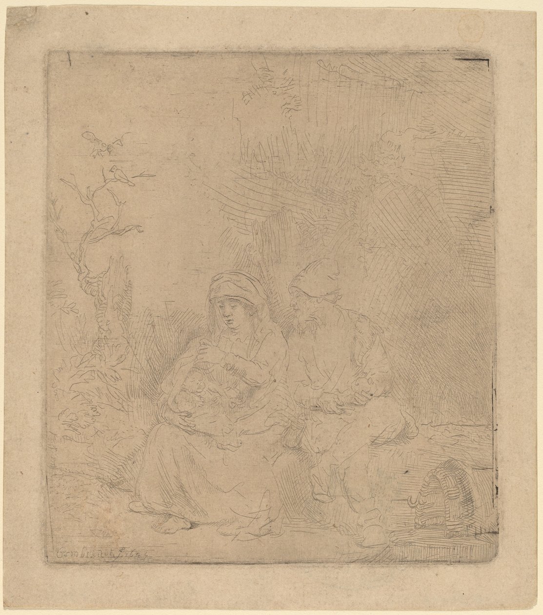 O descanso no voo: levemente gravado de Rembrandt van Rijn