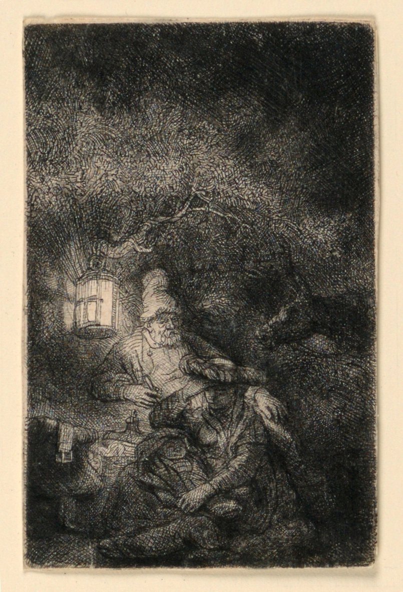 O descanso na fuga para o Egito: um pedaço da noite de Rembrandt van Rijn