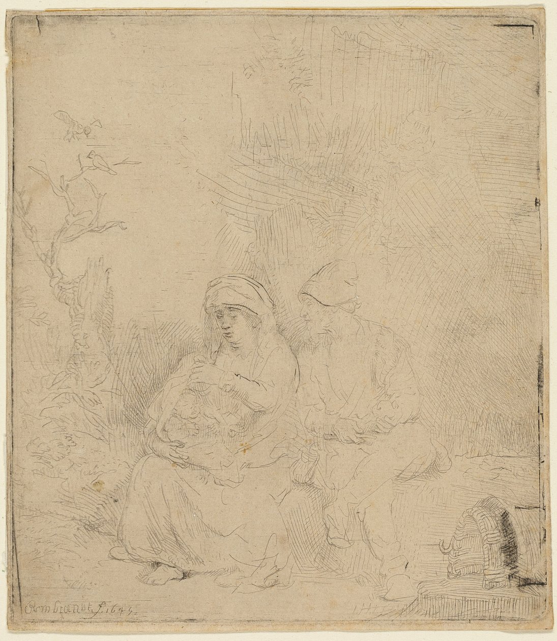 O descanso na fuga para o Egito: levemente gravado de Rembrandt van Rijn