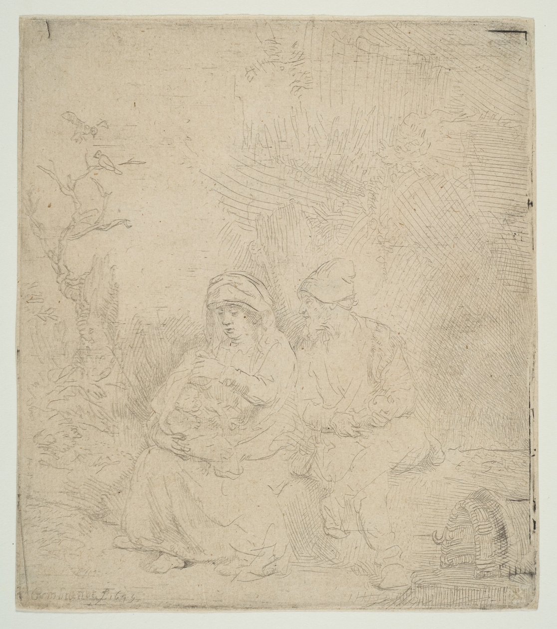 O Descanso na Fuga para o Egito, levemente gravado, 1645. de Rembrandt van Rijn
